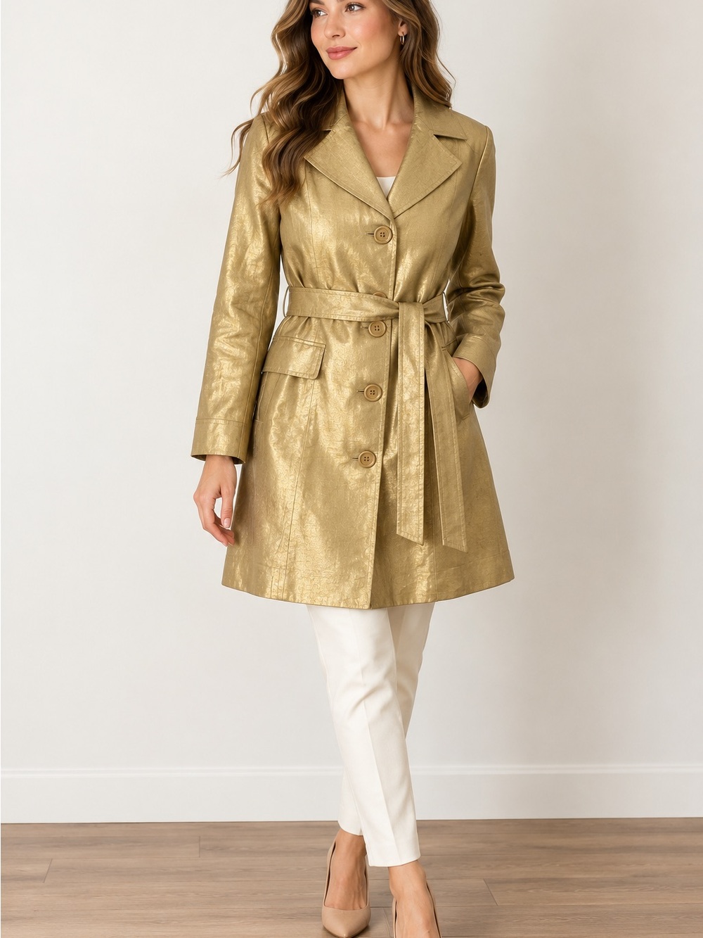 Spiegel 100% Linen Metallic Gold Belted Trench Coat Size 6